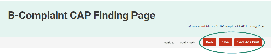 Complaint CAP Finding Page Save and Submit