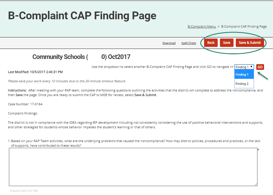 Complaint CAP Finding Page