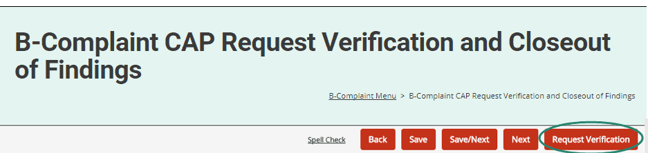 Complaint CAP Request Verification for Closeout