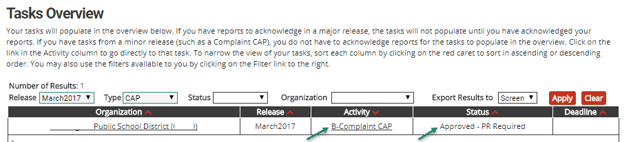 Tasks Overview Complaint CAP Progress Report required