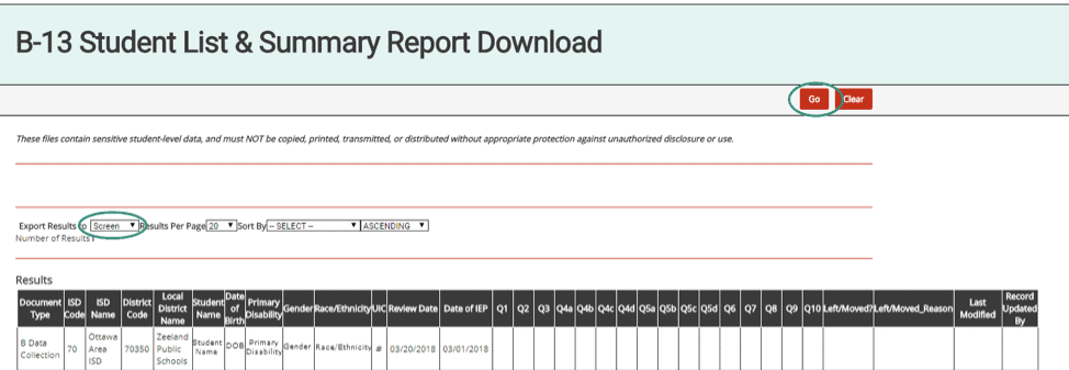 b13 student list summary report download
