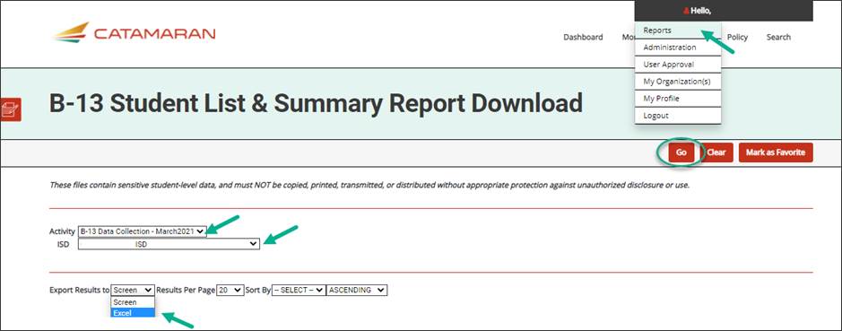 b13 student list summary report download