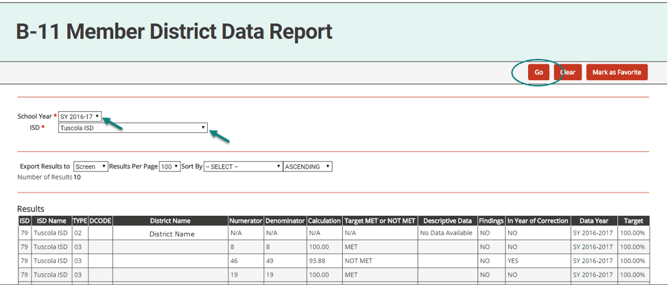 60. Access the report from the Reports dropdown menu item under your user name. 61. Click on report title, B-11 Child Find Member District Data Report 62. Choose school year and ISD 63. Choose the format in which you’d prefer to view the report (on screen or in an Excel spreadsheet) 64. Click Go
