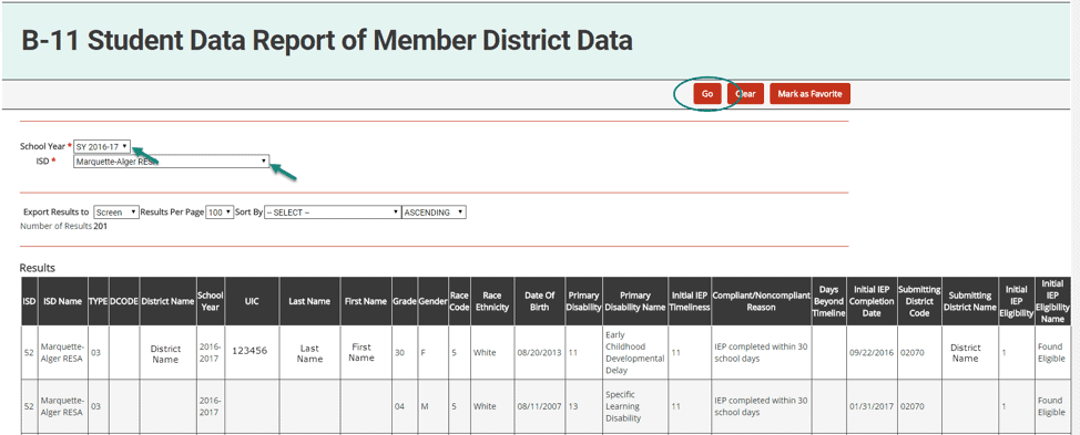 65. Access the report from the Reports dropdown menu item under your user name. 66. Click on report title, B-11 Child Find Student Data Report of Member District Data 67. Choose school year and ISD 68. Choose the format in which you’d prefer to view the report (on screen or in an Excel spreadsheet) 69. Click Go