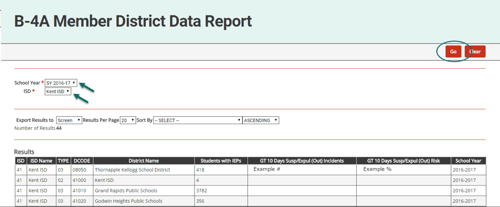 30. Access the report from the Reports dropdown menu item under your user name. 31. Click on report title, B-4A Member District Data Report 32. Choose school year and ISD 33. Choose the format in which you’d prefer to view the report (on screen or in an Excel spreadsheet) 34. Click Go