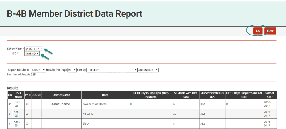 35. Access the report from the Reports dropdown menu item under your user name. 36. Click on report title, B-4B Member District Data Report 37. Choose school year and ISD 38. Choose the format in which you’d prefer to view the report (on screen or in an Excel spreadsheet) 39. Click Go