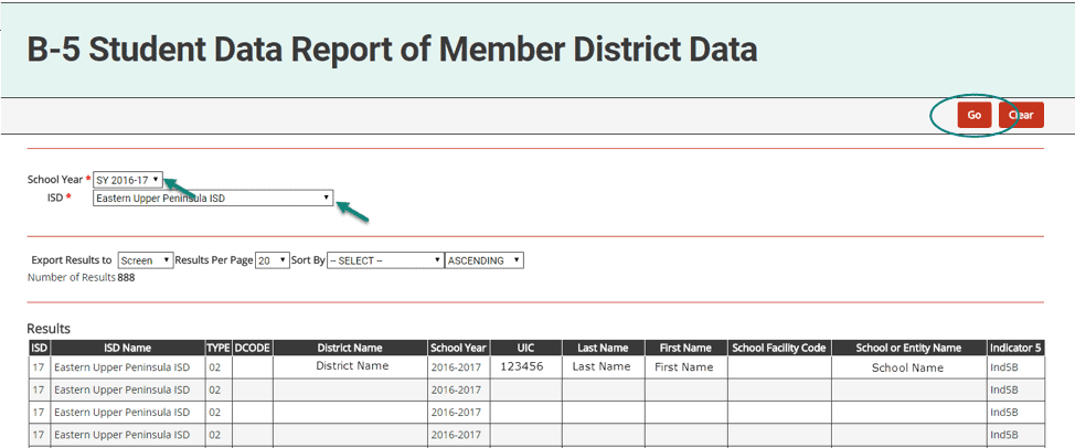 45. Access the report from the Reports dropdown menu item under your user name. 46. Click on report title, B-5 Student Data Report of Member District Data 47. Choose school year and ISD 48. Choose the format in which you’d prefer to view the report (on screen or in an Excel spreadsheet) 49. Click Go