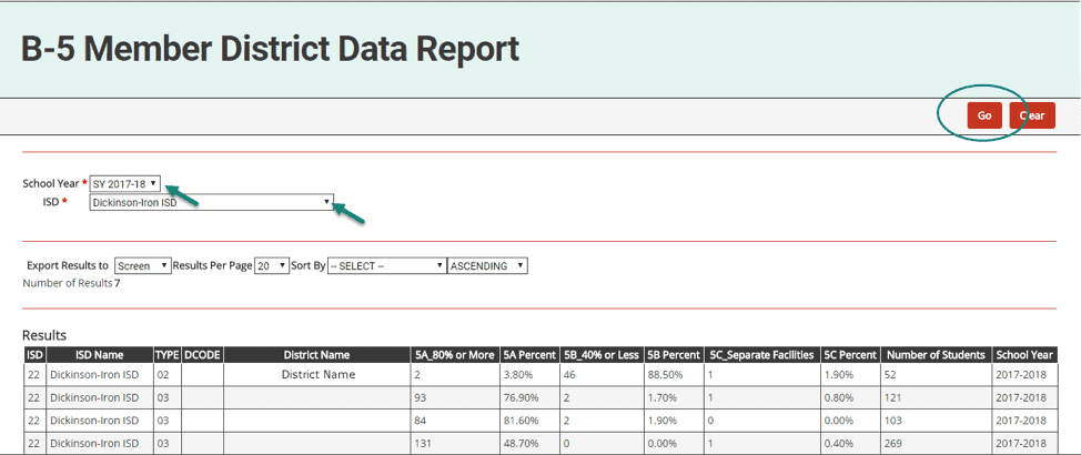 40. Access the report from the Reports dropdown menu item under your user name. 41. Click on report title, B-5 Member District Data Report 42. Choose school year and ISD 43. Choose the format in which you’d prefer to view the report (on screen or in an Excel spreadsheet) 44. Click Go