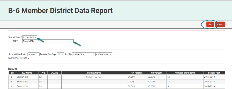 50. Access the report from the Reports dropdown menu item under your user name. 51. Click on report title, B-6 Member District Data Report 52. Choose school year and ISD 53. Choose the format in which you’d prefer to view the report (on screen or in an Excel spreadsheet) 54. Click Go