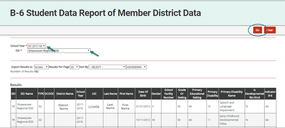 55. Access the report from the Reports dropdown menu item under your user name. 56. Click on report title, B-6 Student Data Report of Member District Data 57. Choose school year and ISD 58. Choose the format in which you’d prefer to view the report (on screen or in an Excel spreadsheet) 59. Click Go