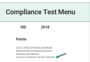4. From the Compliance Test Menu, click the 2016-2017 Exceptions (34 CFR 300.204) link to access the Exception form.