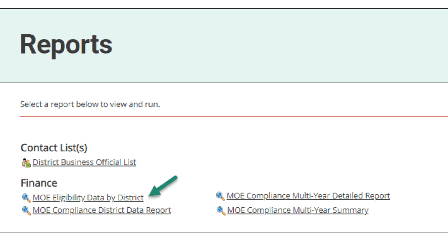 Click on the report title, MOE Eligibility Data by District, to see a summary of each district MOE Eligibility information.