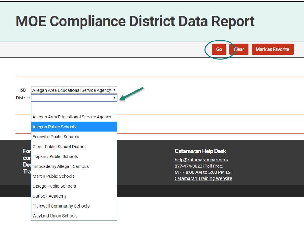 screenshot of moe compliance district data report dropdown menu