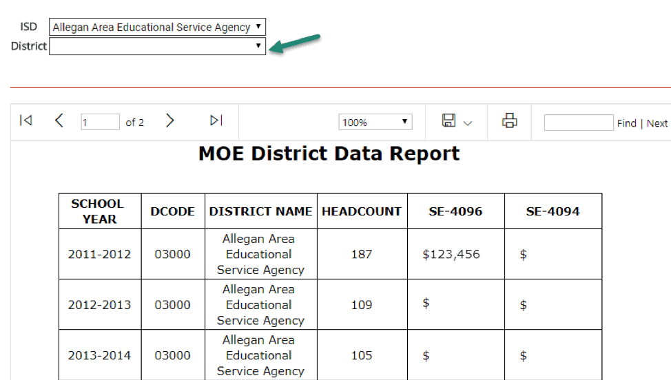 moe district data report screenshot displaying table and data