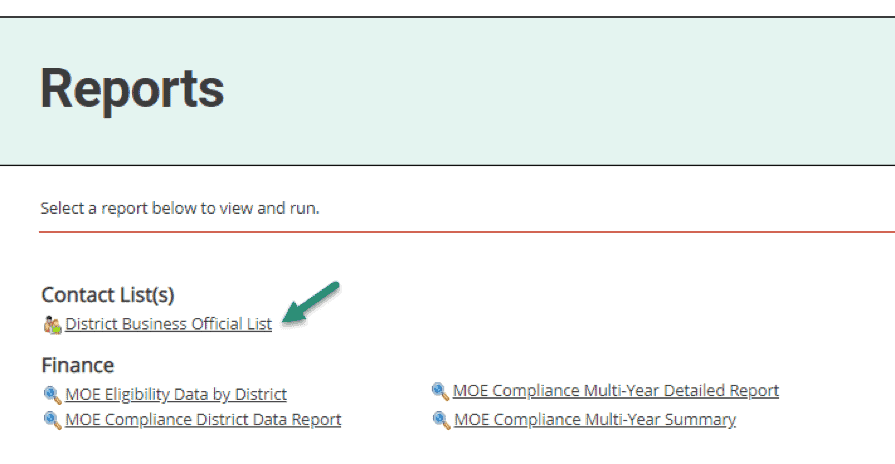 2. Click on the report title, District Business Officials, to see a full list of these individuals in your ISD