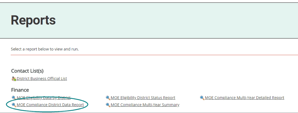 screenshot of the reports page menu with moe compliance district data report link selected