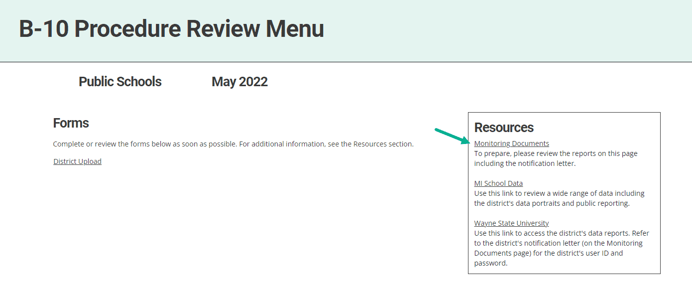 4. From the Procedure Review Menu, click on the Monitoring Documents link to review the contents of the Notification Letter from the Office of Special Education (OSE).