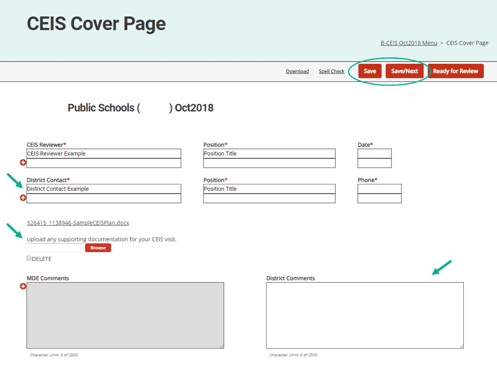 19. Return to the Cover Page and click Ready for Review. This will alert MDE that you have completed the Student Information page and the Fiscal Progress Notes page and are ready for a review.