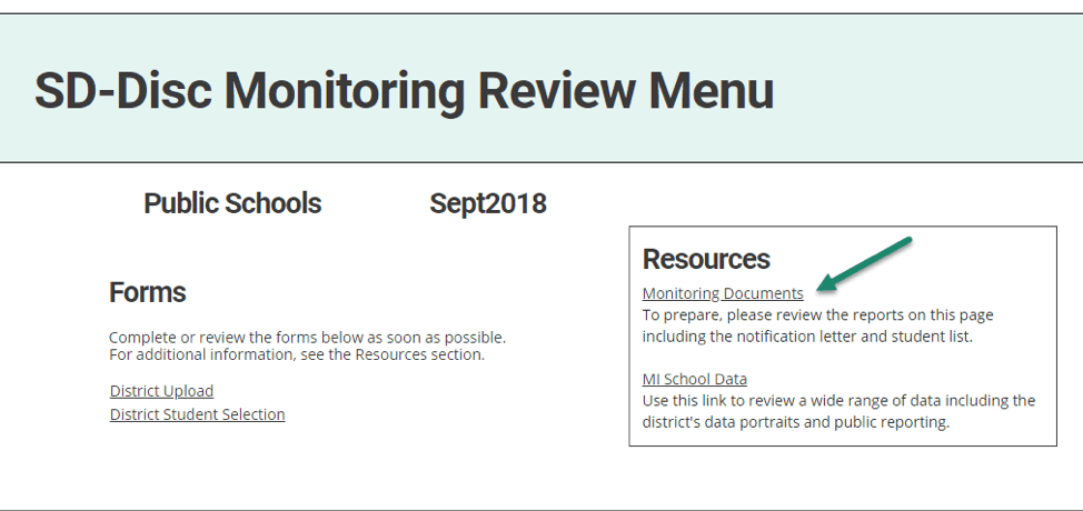 Click the Monitoring Documents link in the Resource box to view the Notification Letter from the Office of Special Education (OSE) and the student list.
