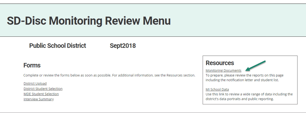 From the Monitoring Review Menu, select Monitoring Documents, located in the Resources box on the right-hand side of the page.