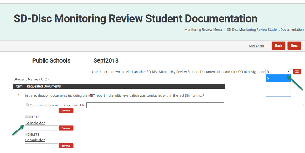 Access the Student Documentation Page from the Monitoring Review Menu. Download each documentation item by clicking on the document link. Use the dropdown menu to navigate between student records and gather all documents from each student record.