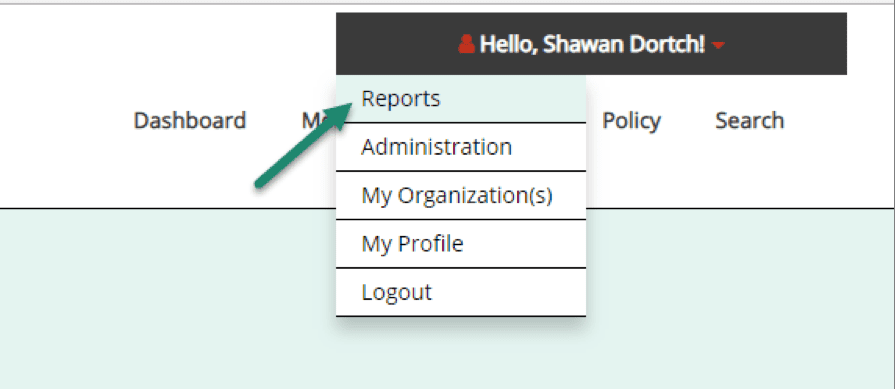 Access the report from the Reports page available under your name in the upper right-hand corner of the page.