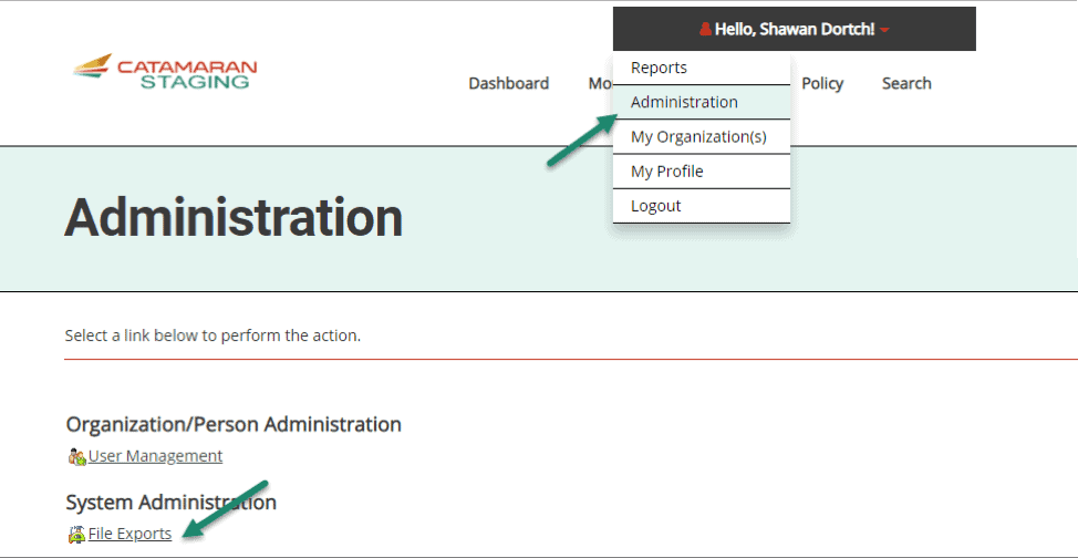 Access the File Export Tool from the Administration page available under your name in the upper right-hand corner of the page.