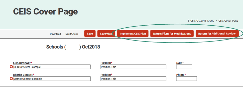 7. If the Finance team has also finished the CEIS Monitoring Visit, either type of MDE user may return to the CEIS Cover Page to finalize the CEIS activity by clicking Implement CEIS Plan at the top of the page. This will notify the district that the initial review is completed. The district can then continue their CEIS work, updating the Student Information and the Fiscal Progress Notes pages as needed. If the CEIS Plan requires modifications, click Return Plan for Modifications. If the Student Information page and/or Fiscal Progress Notes require modifications and you would like to conduct an additional review, click Return for Additional Review.