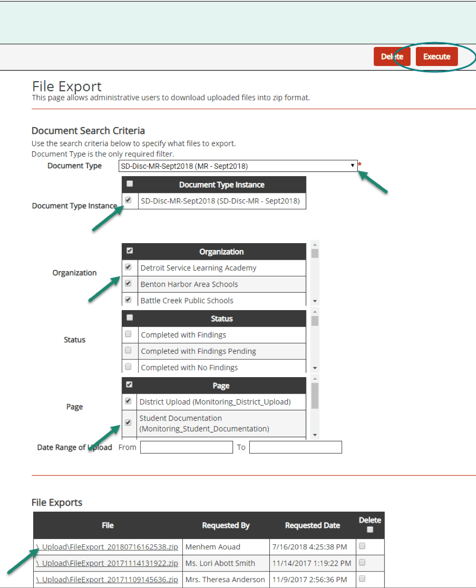 Click Execute to run the export. Access a zipped file that includes the exported documents from the table at the bottom of the page.