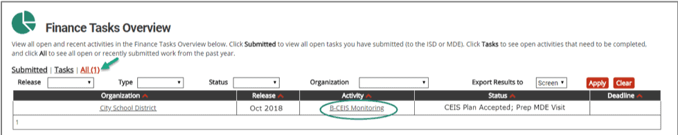 From there, click on the All link to filter the tasks overview. Click on the Activity link (e.g. B-CEIS Monitoring