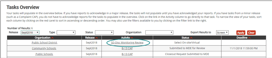 The Monitoring Review will be on your Tasks Overview on the Dashboard page. You may also use the Search function to find the Monitoring Review. It will be at the status, Select On-site/Virtual. Click on the Activity link.