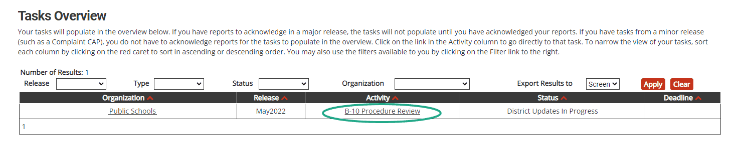 1. Log in to Catamaran 2. Find the Procedure Review activity on your Tasks Overview on the front page. 3. Click on the Activity link to access.