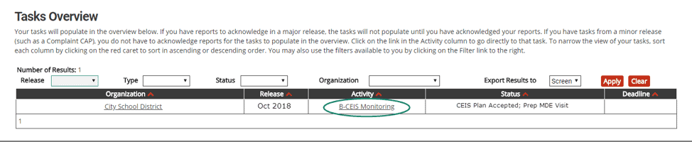 • Access your Tasks Overview on your front page • Use filters to sort work listed if necessary • Click on the Activity link (e.g. B-CEIS Monitoring)