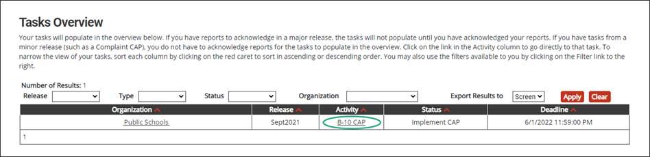 When requesting closeout of a CAP, districts must submit evidence that activities outlined in the CAP have been completed and that policies, procedures, and/or practices have been implemented to correct all noncompliance (student-level and systemic). Access the CAP by clicking on the CAP activity on your task list. The applicable CAP will be at the status, Implement CAP.