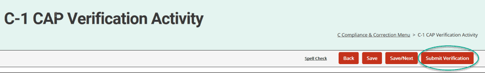 After completing the instructions for a Fast Track or Regular CAP, save the verification activity and choose the Submit Verification button at the top of the activity page to submit it to MDE.