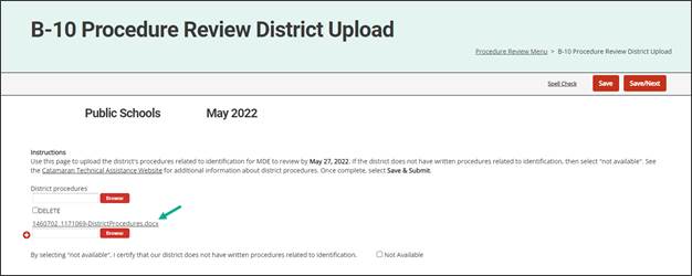 Procedure Review District Upload page.