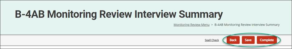 b-10 monitoring review interview summary Back, Save, Submit buttons