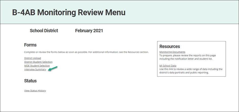 Monitoring Review Menu Interview Summary Link