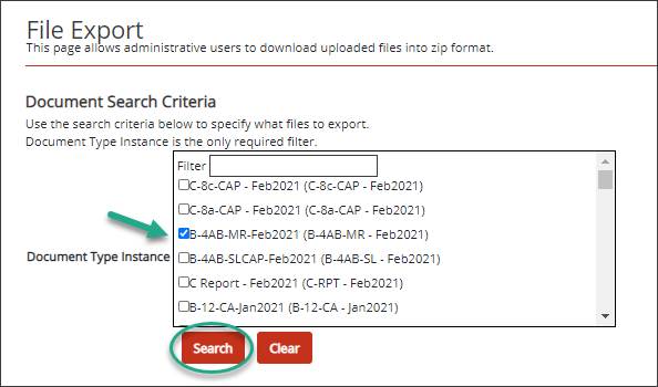 File Export Document Search Criteria