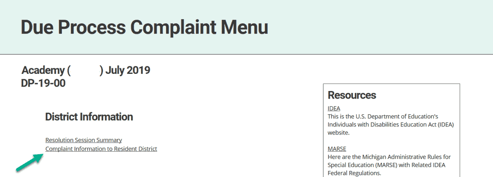 Due process complaint menu
