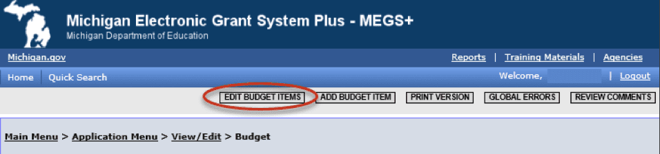 Edit Budget Items button