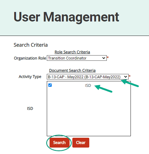 User Management page selecting activity type.