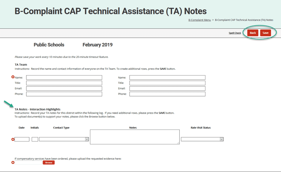 Complaint TA Notes Page