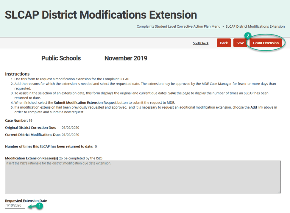 SLCAP District Modifications Extension page (MDE Grant Extension)