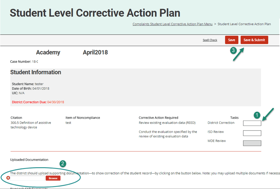 Student Level Corrective Action Plan