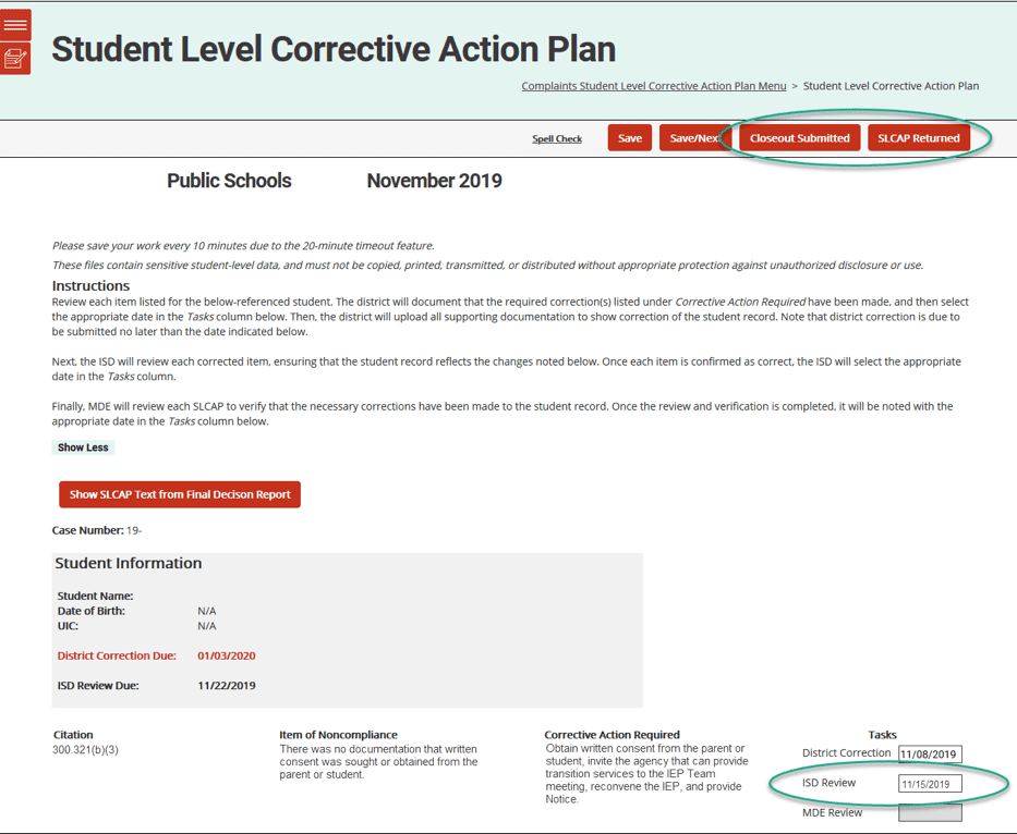 Student Level Corrective Action Plan Page showing where the ISD inserts the review date and status change buttons.
