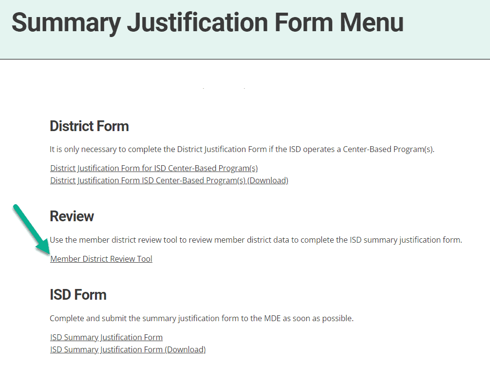 summary justification form menu