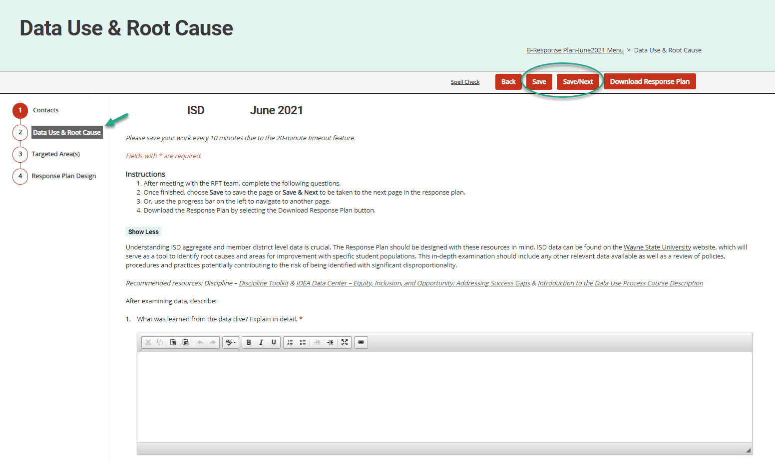 Response Plan form showing Left-navigation