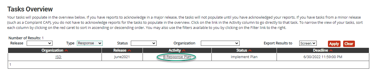 Tasks Overview at Implement Plan status