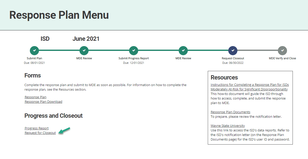 Response Plan Menu Request for Closeout